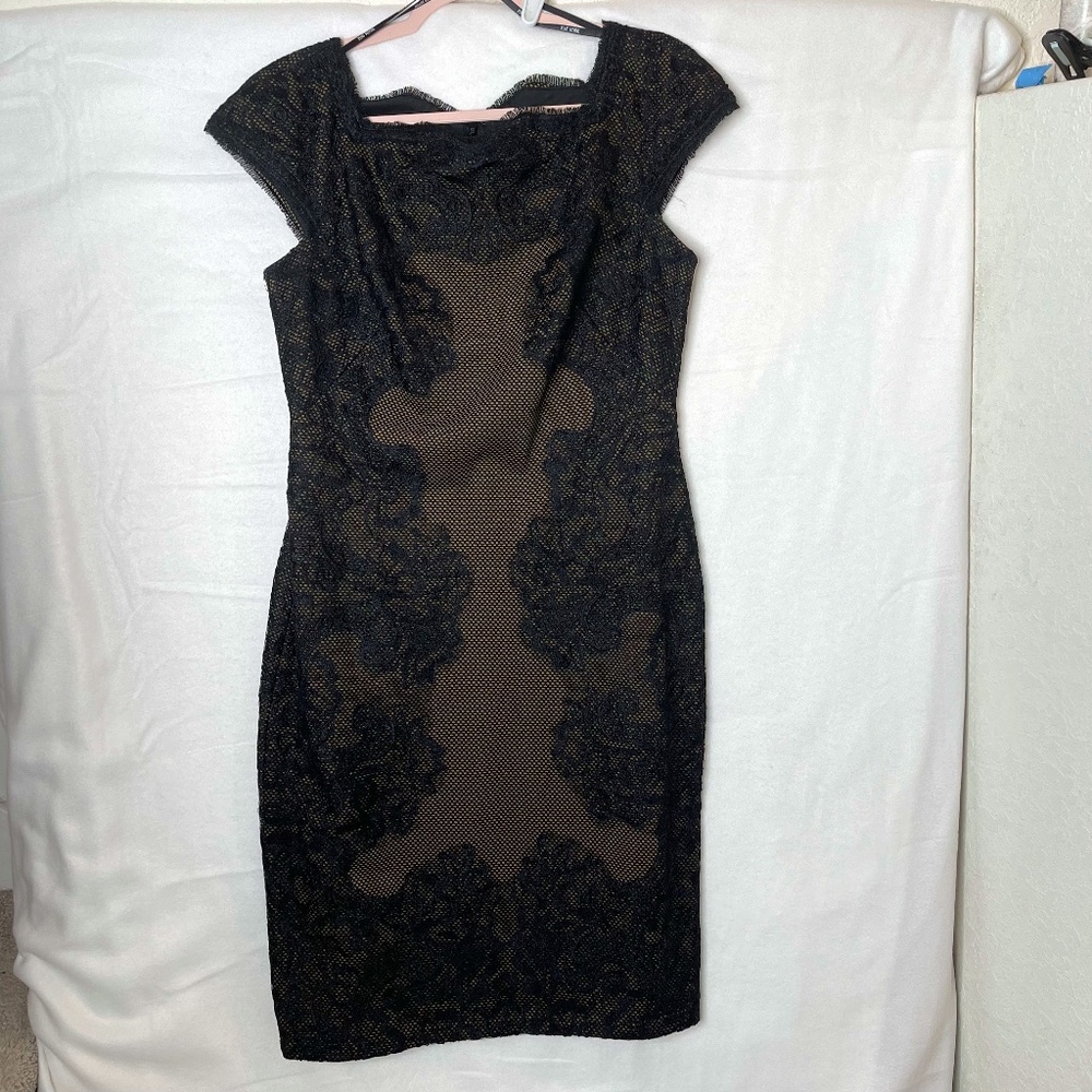 Tadashi Shoji Contrast Lace Panel Neoprene Cap Sleeve Black Nude Dress Sz Large